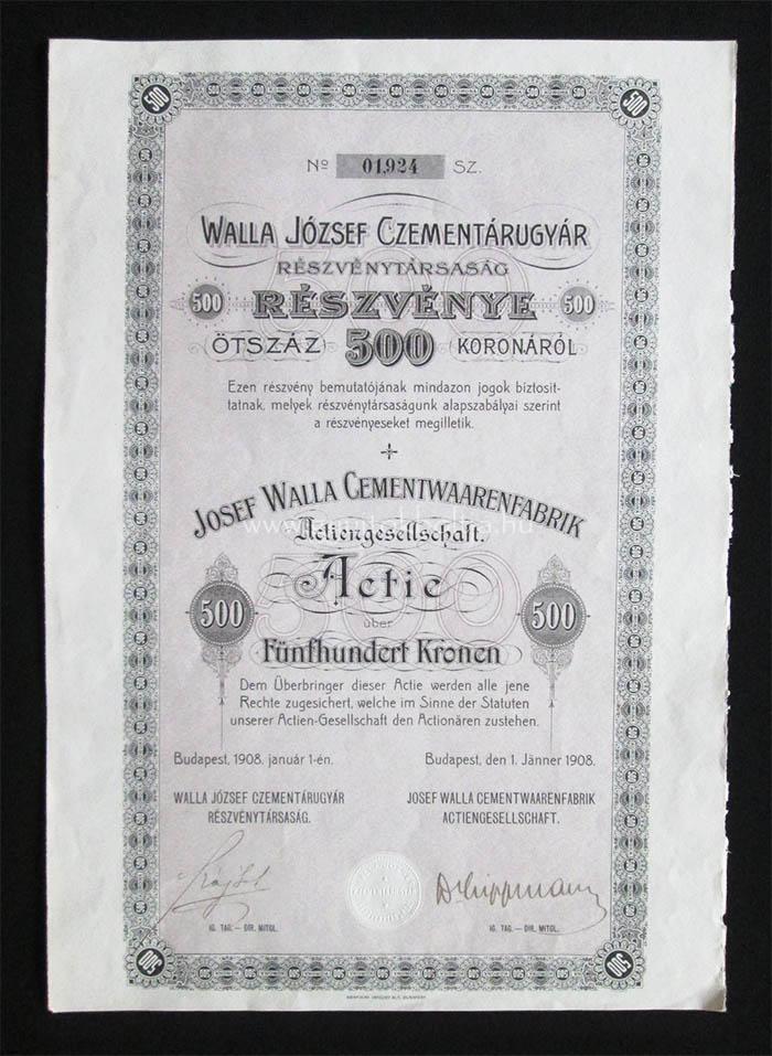 Walla József Czementárugyár részvény 500 korona 1908